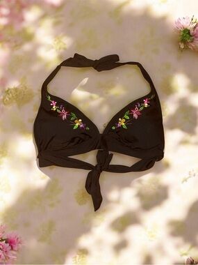 Black Floral Embroidered Halter Bikini Top